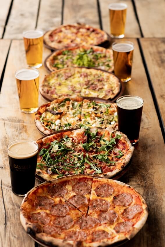 4 pizzas and beer at cassels restaurant